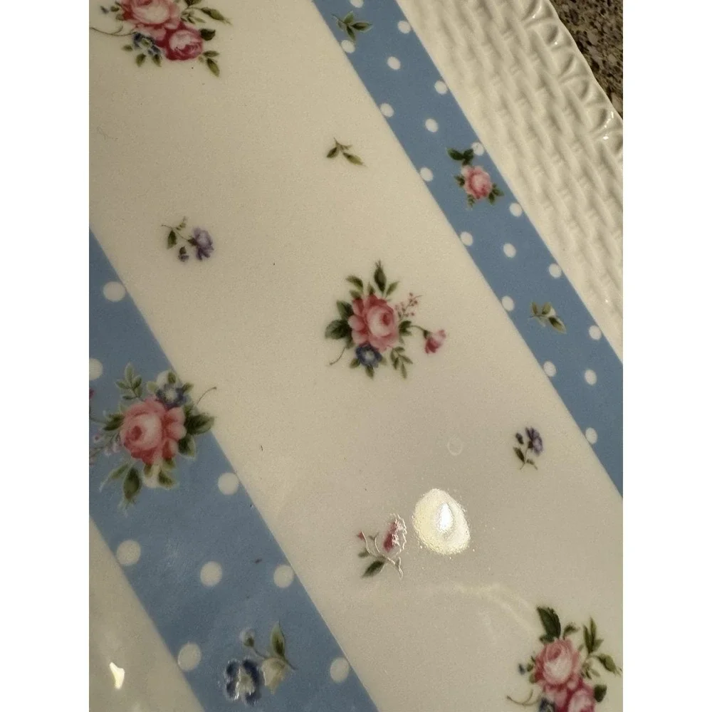 Nantucket Home Blue Polka Dot Rose Floral Wicker Embossed Handled Tray 14 5/8